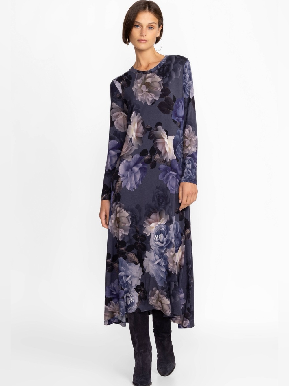 Johnny Was Grey Peony Long Sleeve Tee Dress
